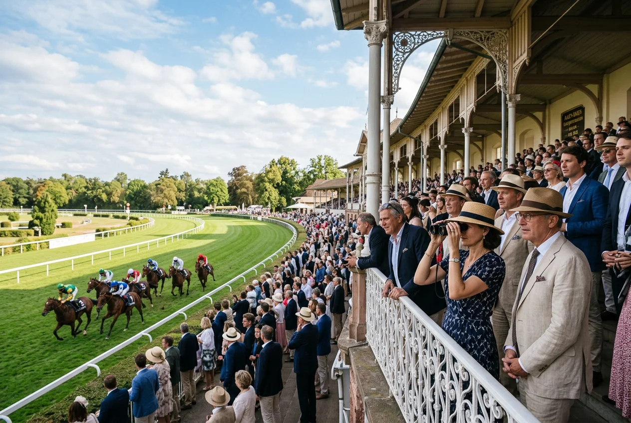 Zuschauer an der Galopprennbahn Baden-Baden Iffezheim bei der Großen Woche — wichtige Pferderennen für deutsche Wetter