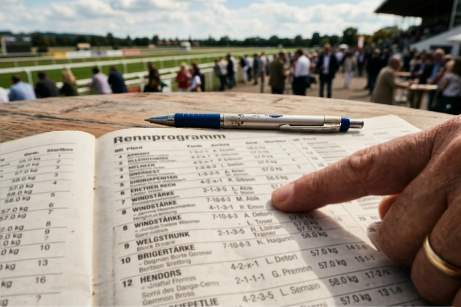 Nahaufnahme eines Rennprogramms mit Formziffern und Jockey-Statistiken — Formanalyse bei Pferderennen