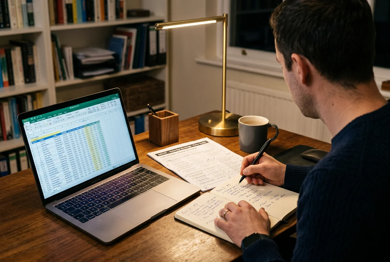 Person analysiert Rennstatistiken und Formtabellen auf einem Laptop neben einem Rennprogramm — Pferdewetten Strategie und Favoritenanalyse