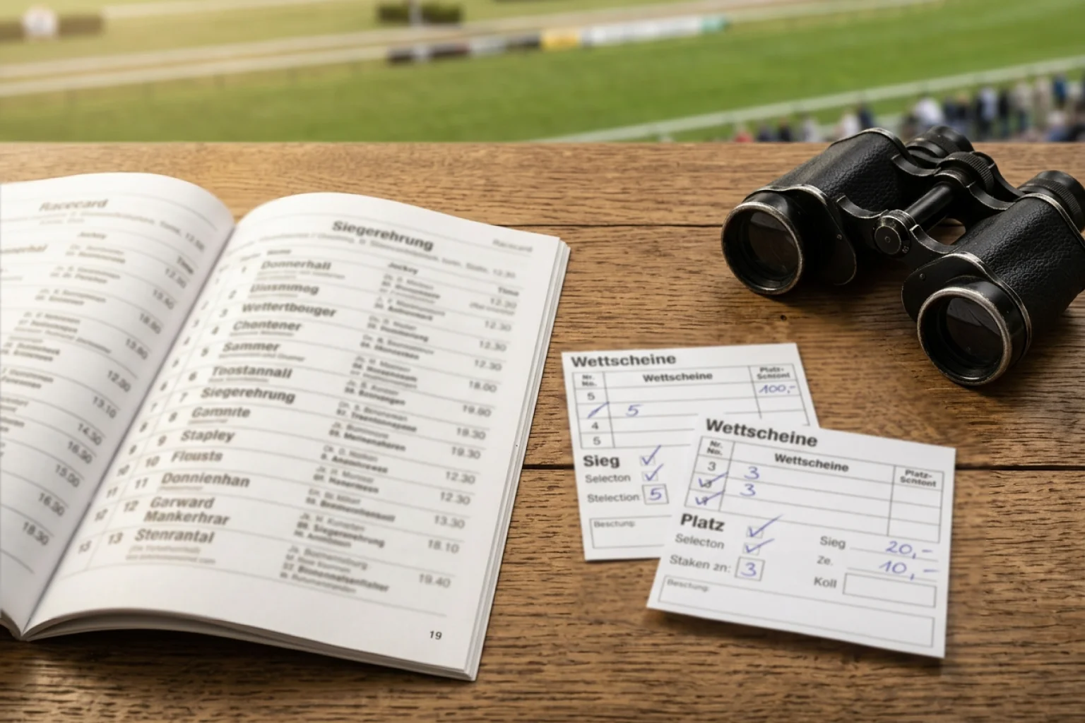 Verschiedene Wettscheine und ein Rennprogramm auf einem Tisch neben einer Rennbahn — Wettarten bei Pferderennen im Überblick